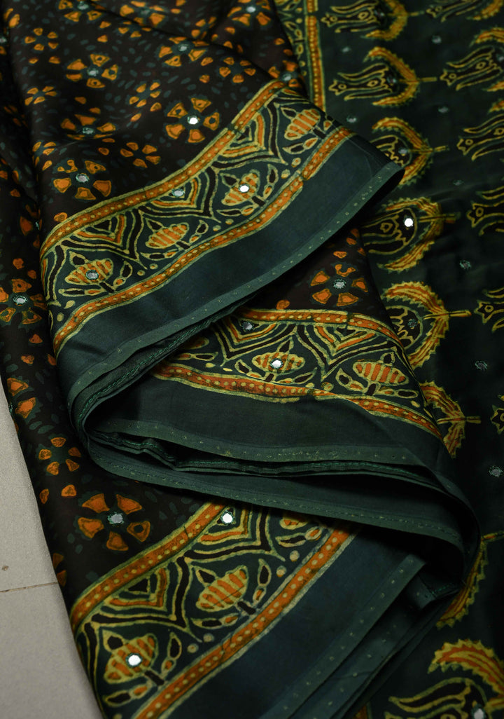 Blackish Brown Authentic Hand Block Print on Modal Silk Saree with Tikki Hand Embellished and Minimal Border | SHOBITAM