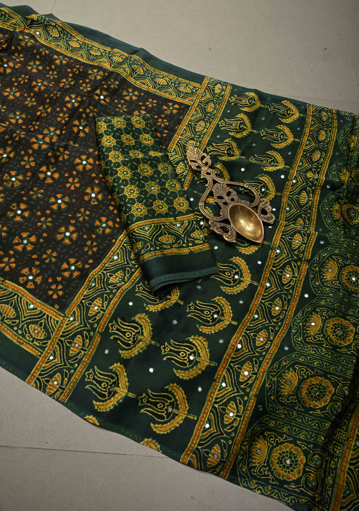 Blackish Brown Authentic Hand Block Print on Modal Silk Saree with Tikki Hand Embellished and Minimal Border | SHOBITAM