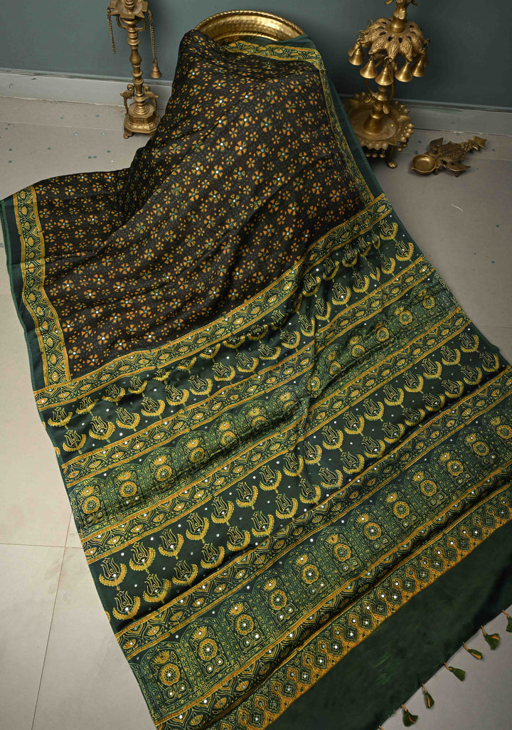 Blackish Brown Authentic Hand Block Print on Modal Silk Saree with Tikki Hand Embellished and Minimal Border | SHOBITAM
