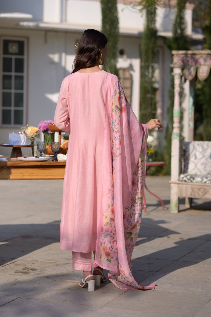 Blush Pink Lucknowi Work Mul Chanderi Anarkali Suit Set - SET OF-3 | SHOBITAM