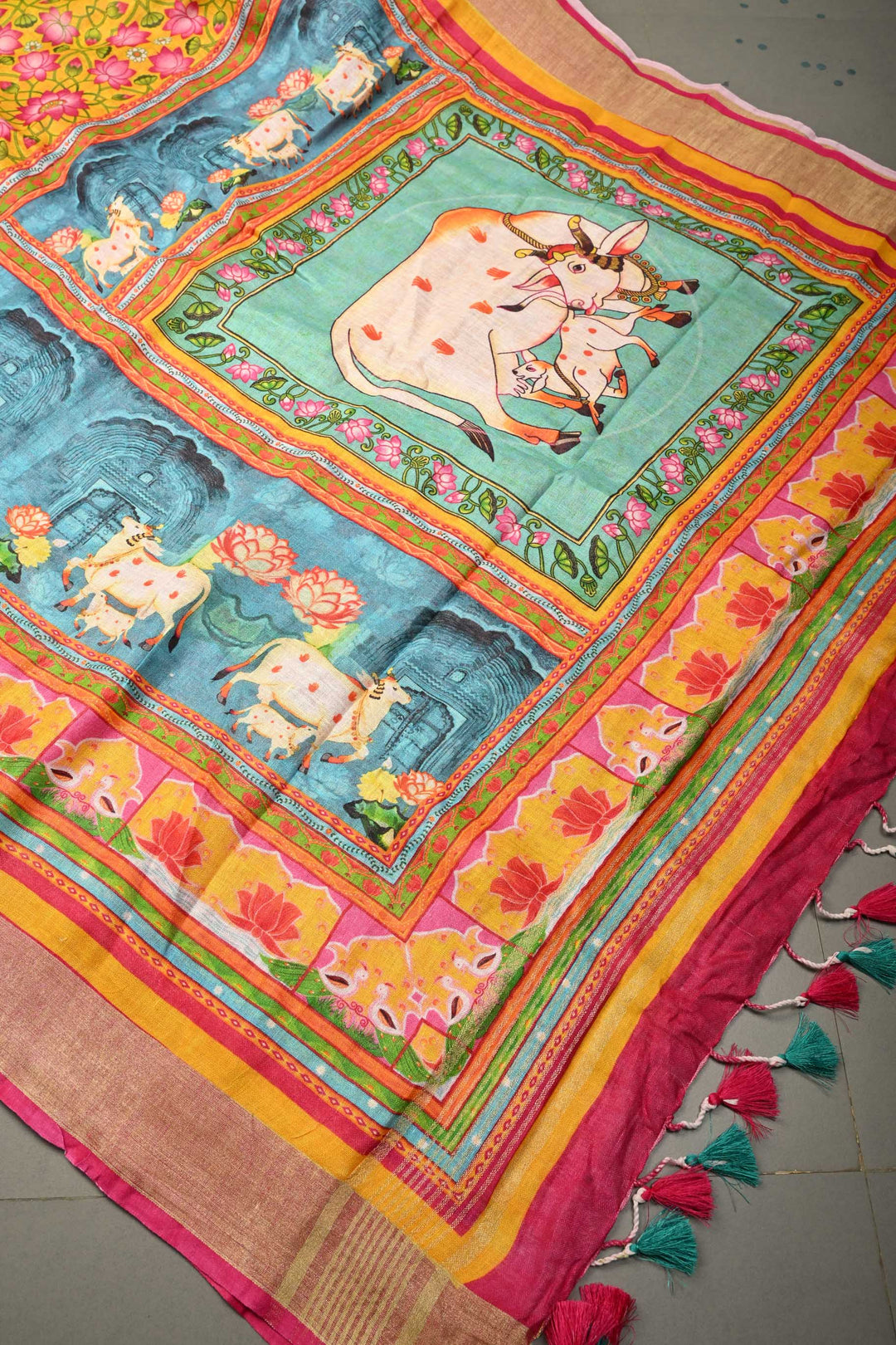Sunflower Yellow Linen Saree with Kalamkari Digital Print | SHOBITAM