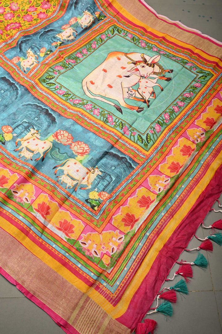 Sunflower Yellow Linen Saree with Kalamkari Digital Print | SHOBITAM