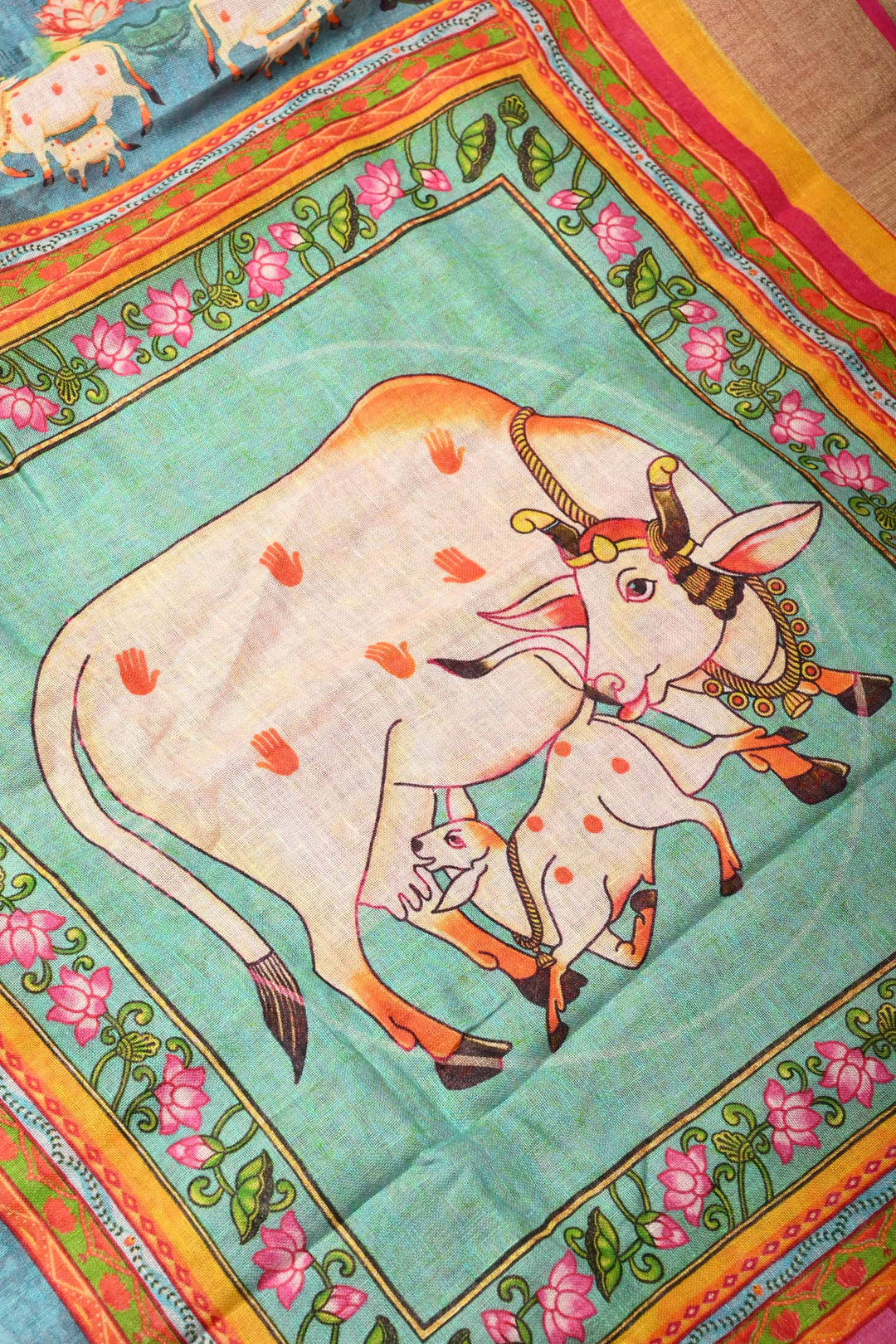 Sunflower Yellow Linen Saree with Kalamkari Digital Print | SHOBITAM