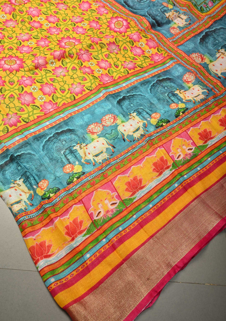 Sunflower Yellow Linen Saree with Kalamkari Digital Print | SHOBITAM
