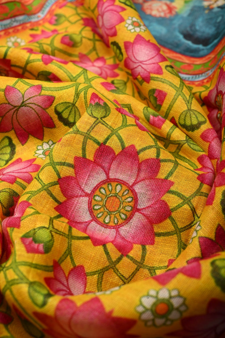 Sunflower Yellow Linen Saree with Kalamkari Digital Print | SHOBITAM