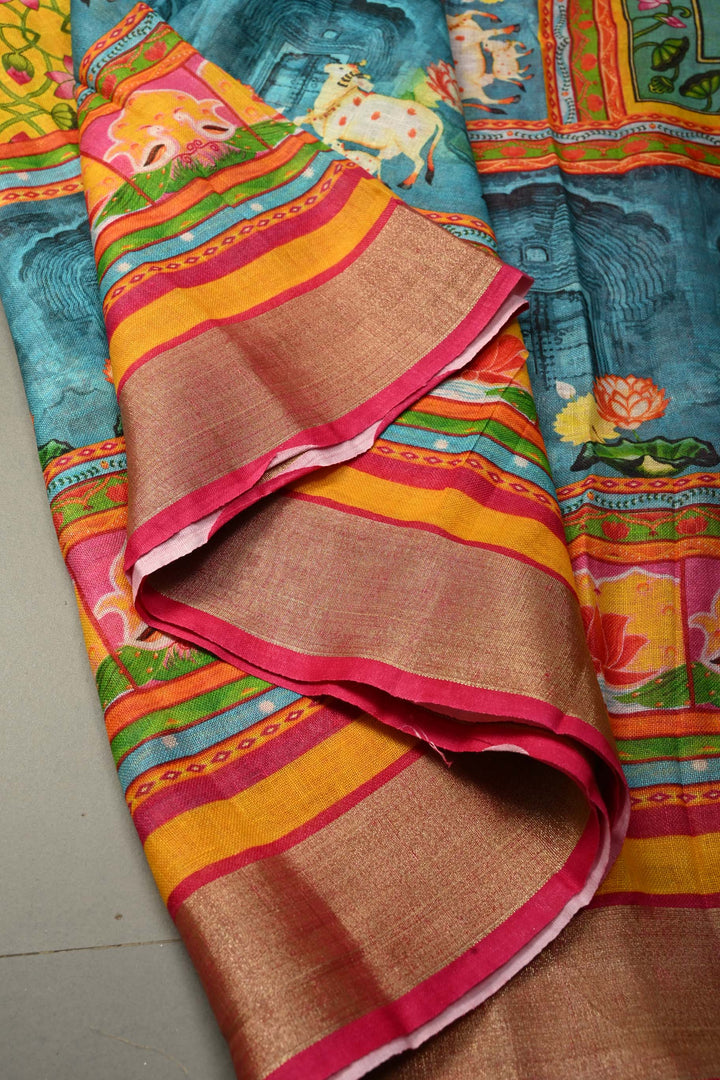Sunflower Yellow Linen Saree with Kalamkari Digital Print | SHOBITAM