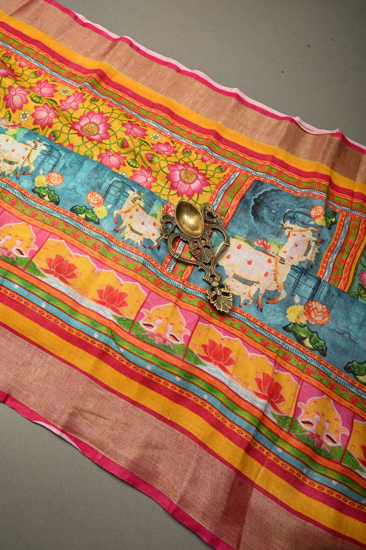 Sunflower Yellow Linen Saree with Kalamkari Digital Print | SHOBITAM