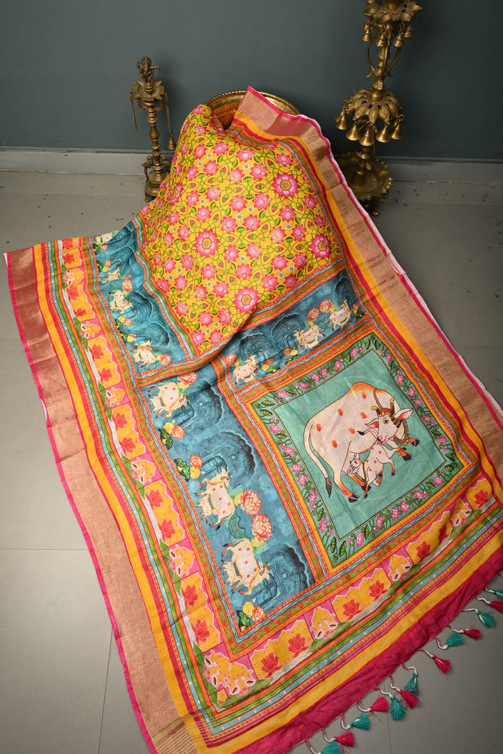 Sunflower Yellow Linen Saree with Kalamkari Digital Print | SHOBITAM