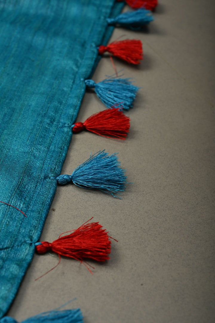 Turquoise Blue Madhubani  Hand Painted Linen Saree | SHOBITAM