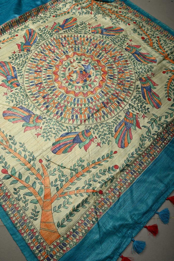 Turquoise Blue Madhubani  Hand Painted Linen Saree | SHOBITAM