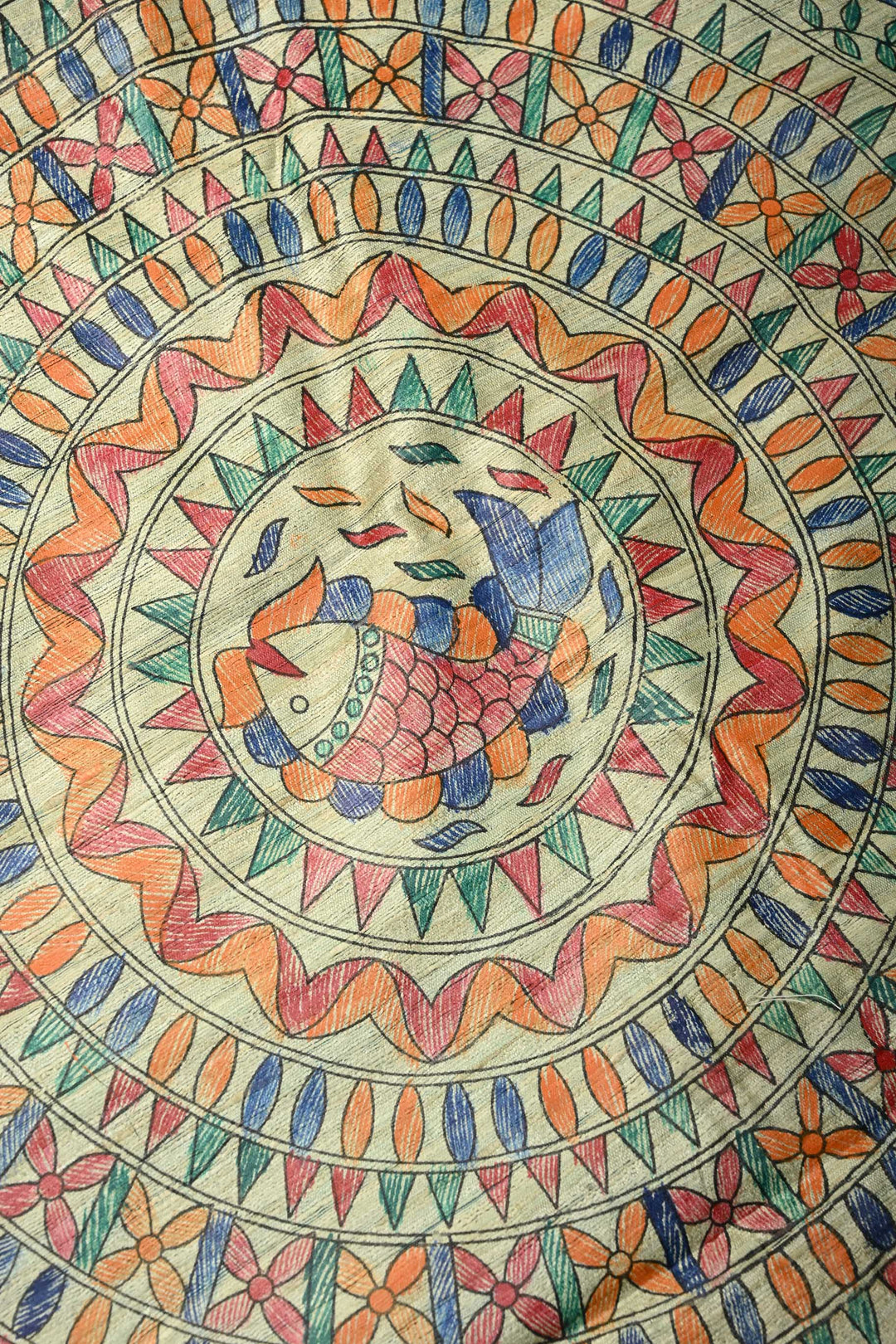 Turquoise Blue Madhubani  Hand Painted Linen Saree | SHOBITAM