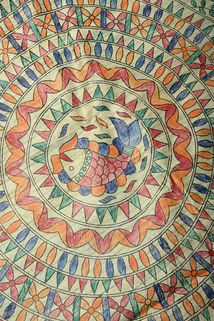 Turquoise Blue Madhubani  Hand Painted Linen Saree | SHOBITAM