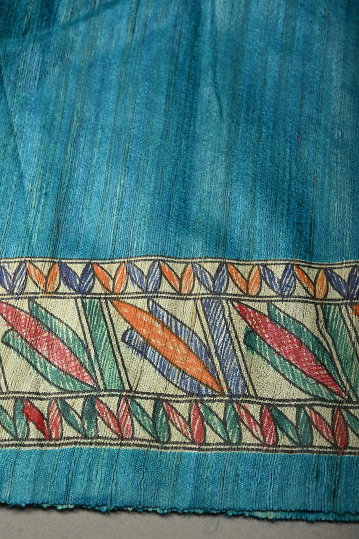 Turquoise Blue Madhubani  Hand Painted Linen Saree | SHOBITAM