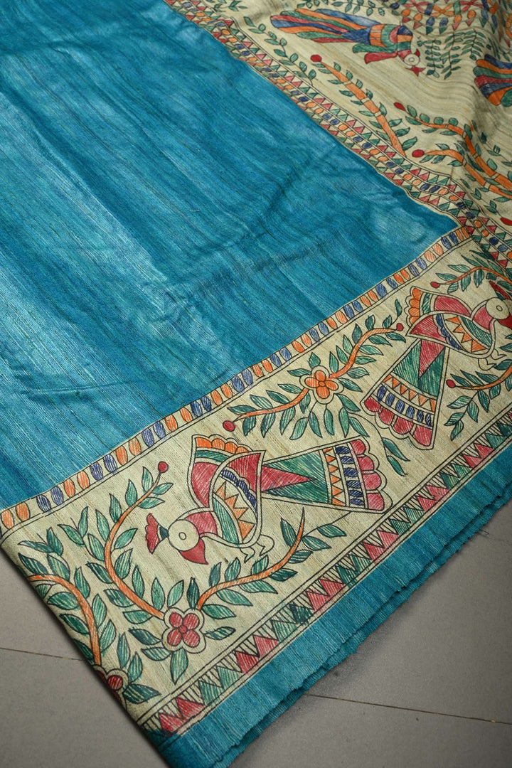 Turquoise Blue Madhubani  Hand Painted Linen Saree | SHOBITAM