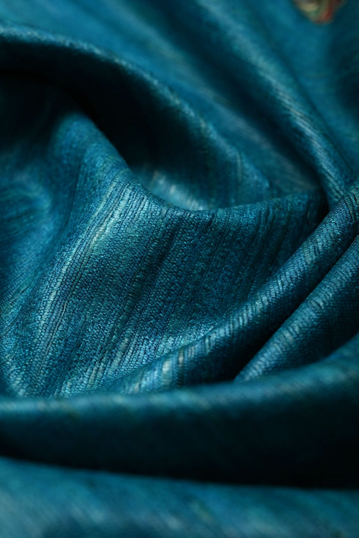 Turquoise Blue Madhubani  Hand Painted Linen Saree | SHOBITAM