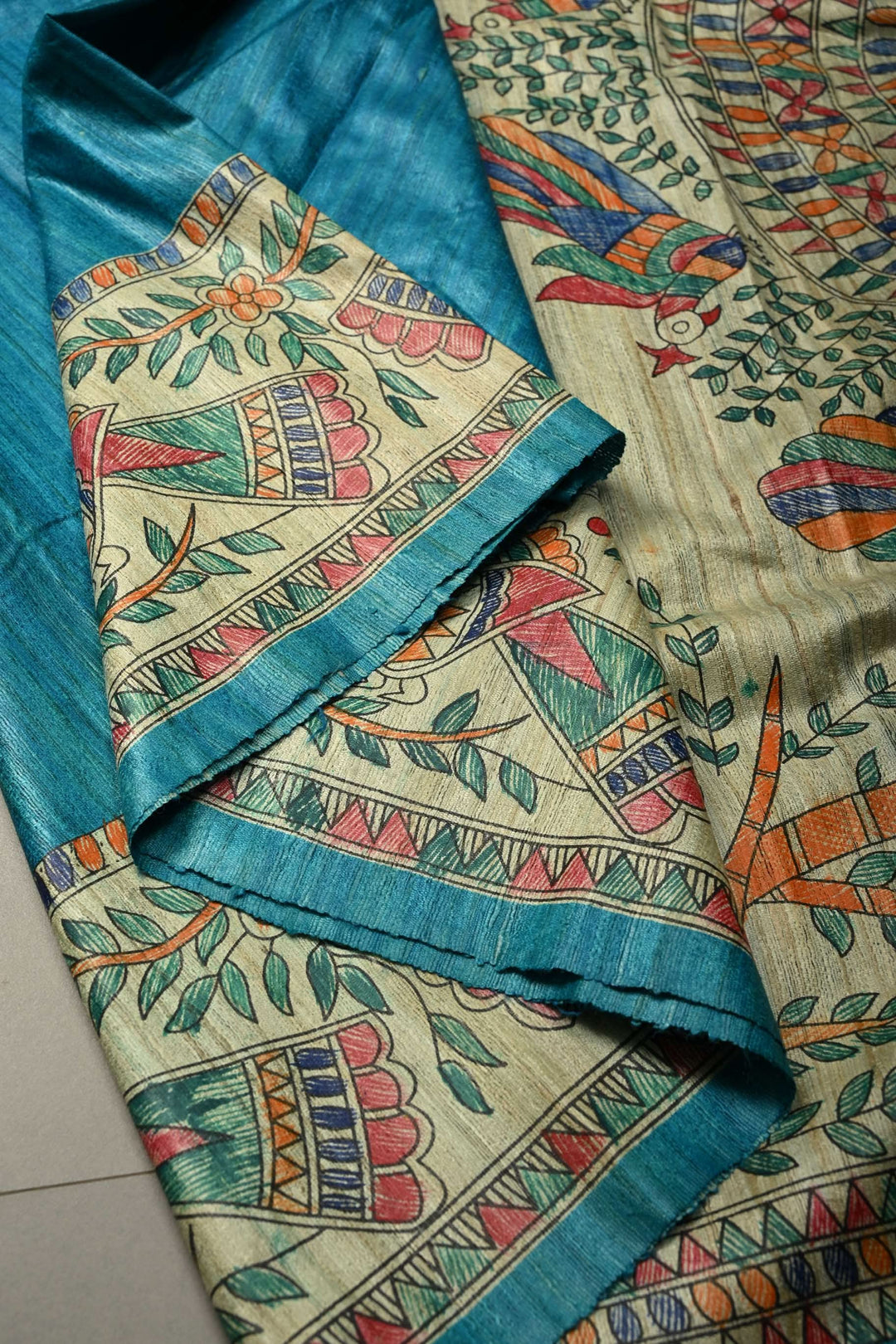 Turquoise Blue Madhubani  Hand Painted Linen Saree | SHOBITAM