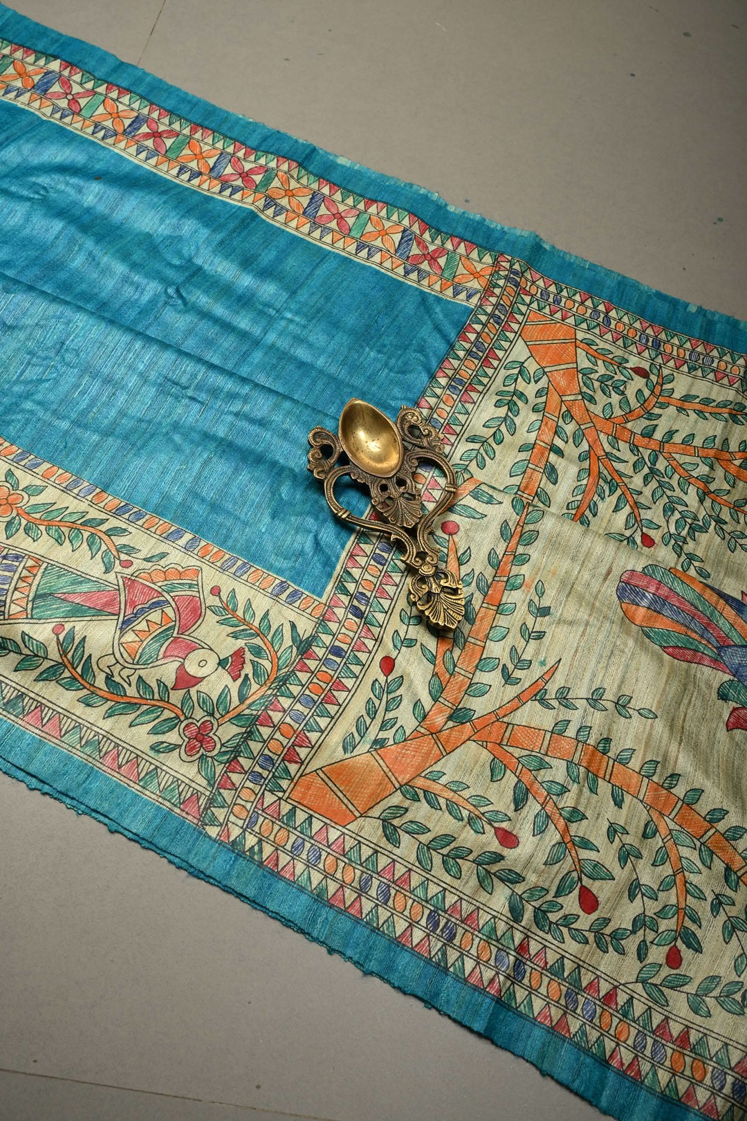 Turquoise Blue Madhubani  Hand Painted Linen Saree | SHOBITAM