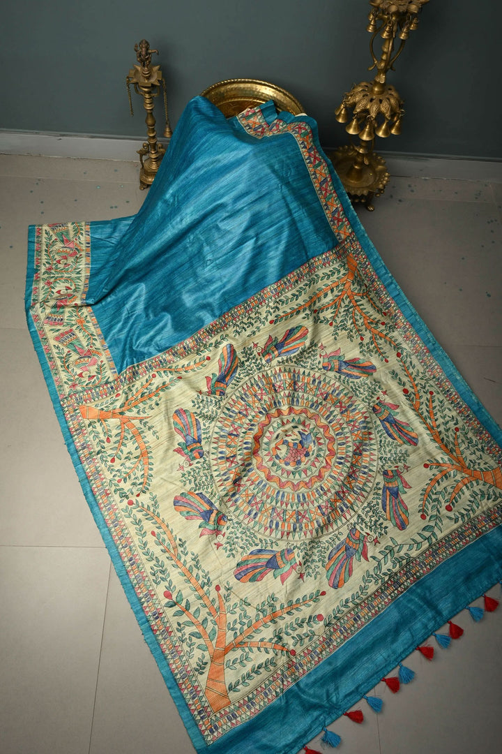 Turquoise Blue Madhubani  Hand Painted Linen Saree | SHOBITAM