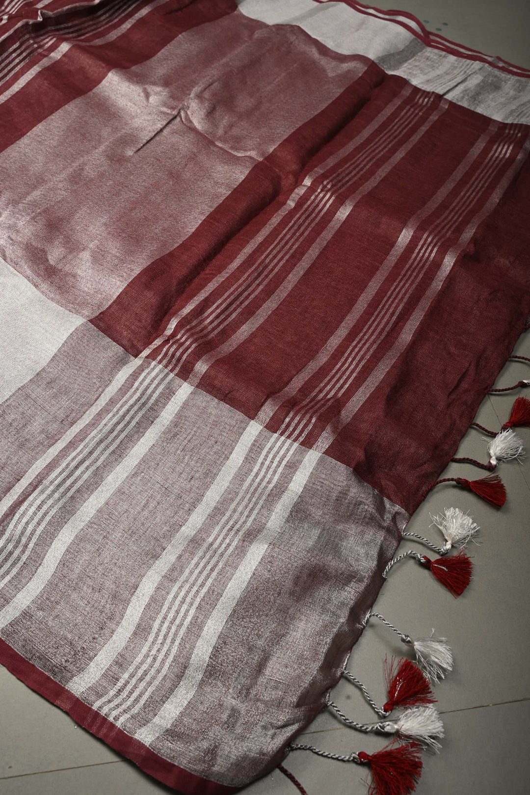 Maroon Linen Saree with Silver Zari Border | SHOBITAM