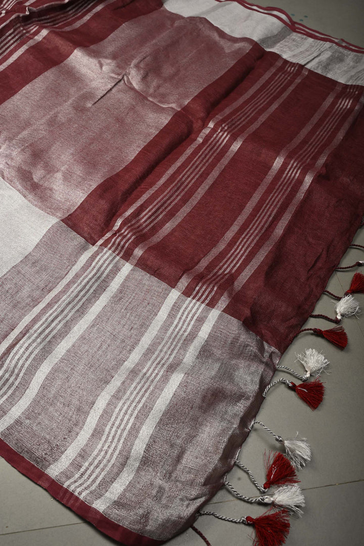 Maroon Linen Saree with Silver Zari Border | SHOBITAM