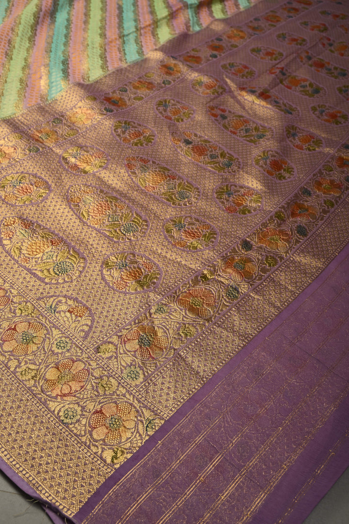 Multicolor Diagonal Pattern Zari Detailing on Vegan Viscose Georgette Saree with Rangkaat Style Brush Dye and Borders | SHOBITAM