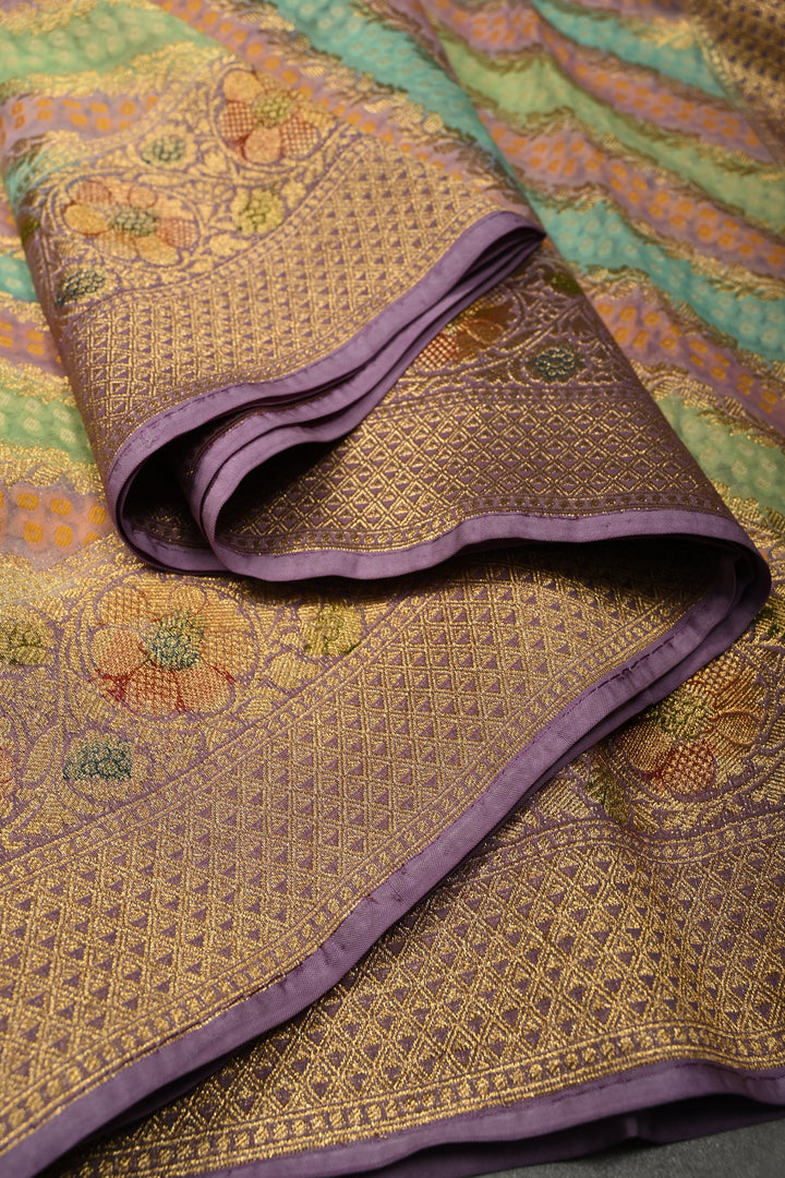 Multicolor Diagonal Pattern Zari Detailing on Vegan Viscose Georgette Saree with Rangkaat Style Brush Dye and Borders | SHOBITAM