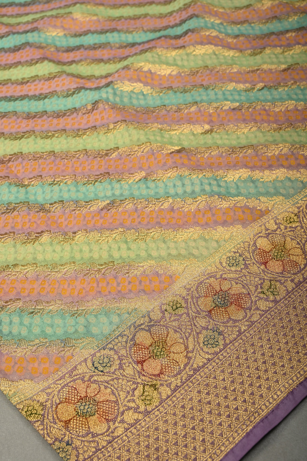 Multicolor Diagonal Pattern Zari Detailing on Vegan Viscose Georgette Saree with Rangkaat Style Brush Dye and Borders | SHOBITAM