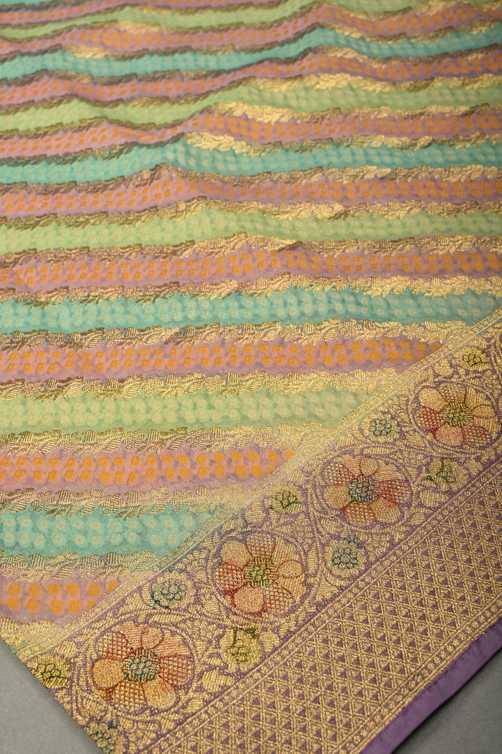 Multicolor Diagonal Pattern Zari Detailing on Vegan Viscose Georgette Saree with Rangkaat Style Brush Dye and Borders | SHOBITAM