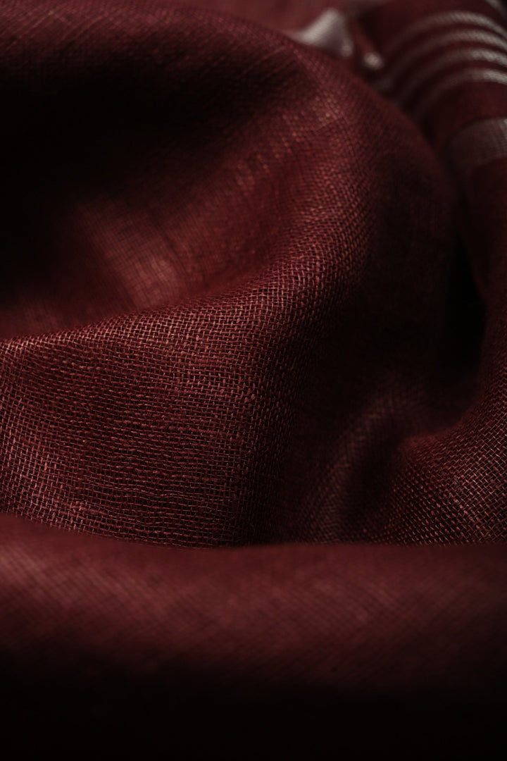 Maroon Linen Saree with Silver Zari Border | SHOBITAM