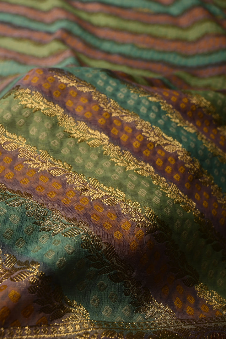 Multicolor Diagonal Pattern Zari Detailing on Vegan Viscose Georgette Saree with Rangkaat Style Brush Dye and Borders | SHOBITAM