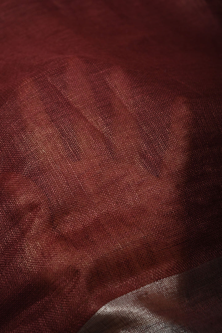 Maroon Linen Saree with Silver Zari Border | SHOBITAM