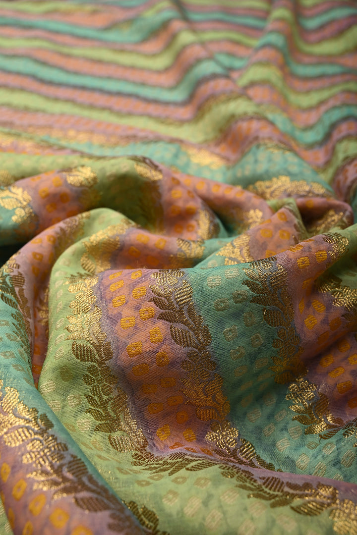 Multicolor Diagonal Pattern Zari Detailing on Vegan Viscose Georgette Saree with Rangkaat Style Brush Dye and Borders | SHOBITAM