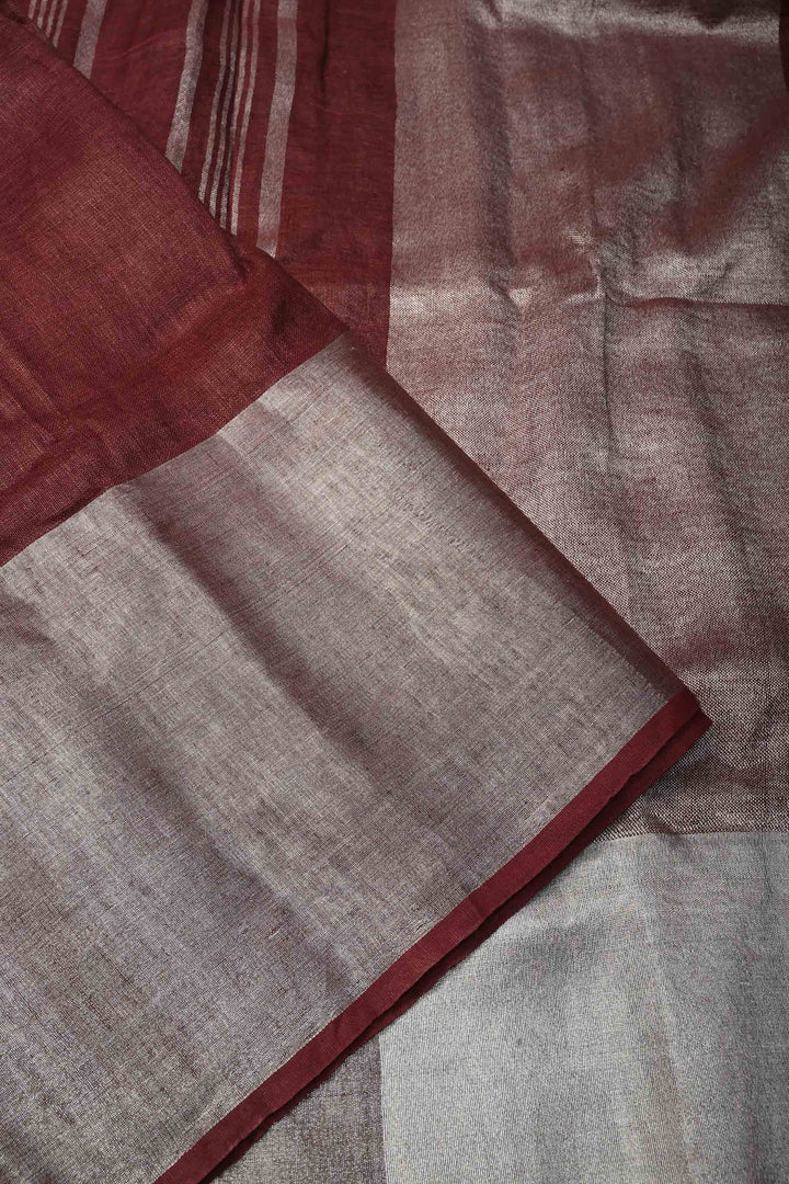 Maroon Linen Saree with Silver Zari Border | SHOBITAM
