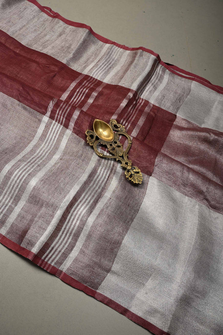 Maroon Linen Saree with Silver Zari Border | SHOBITAM