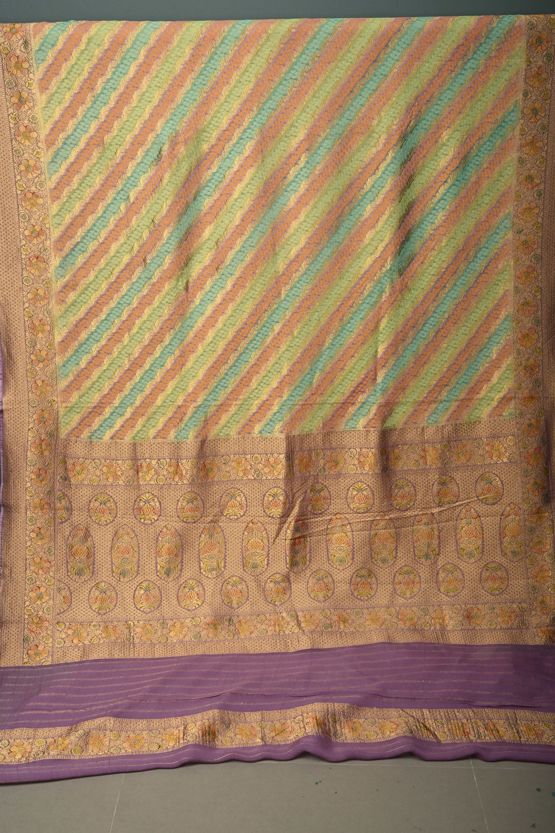 Multicolor Diagonal Pattern Zari Detailing on Vegan Viscose Georgette Saree with Rangkaat Style Brush Dye and Borders | SHOBITAM