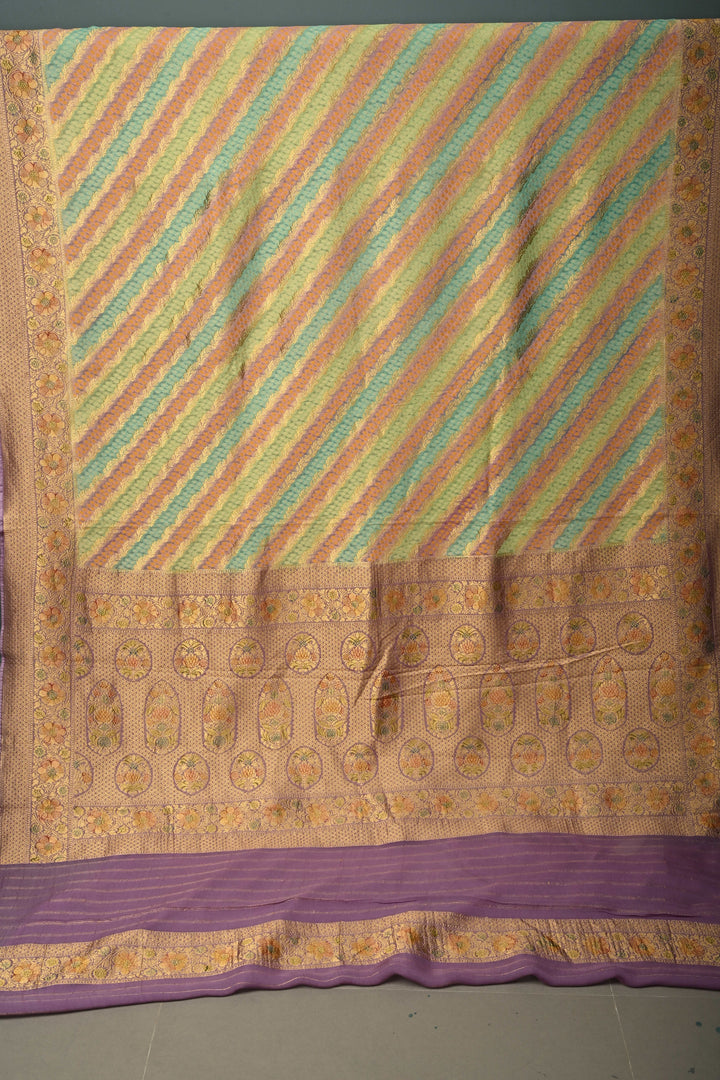 Multicolor Diagonal Pattern Zari Detailing on Vegan Viscose Georgette Saree with Rangkaat Style Brush Dye and Borders | SHOBITAM