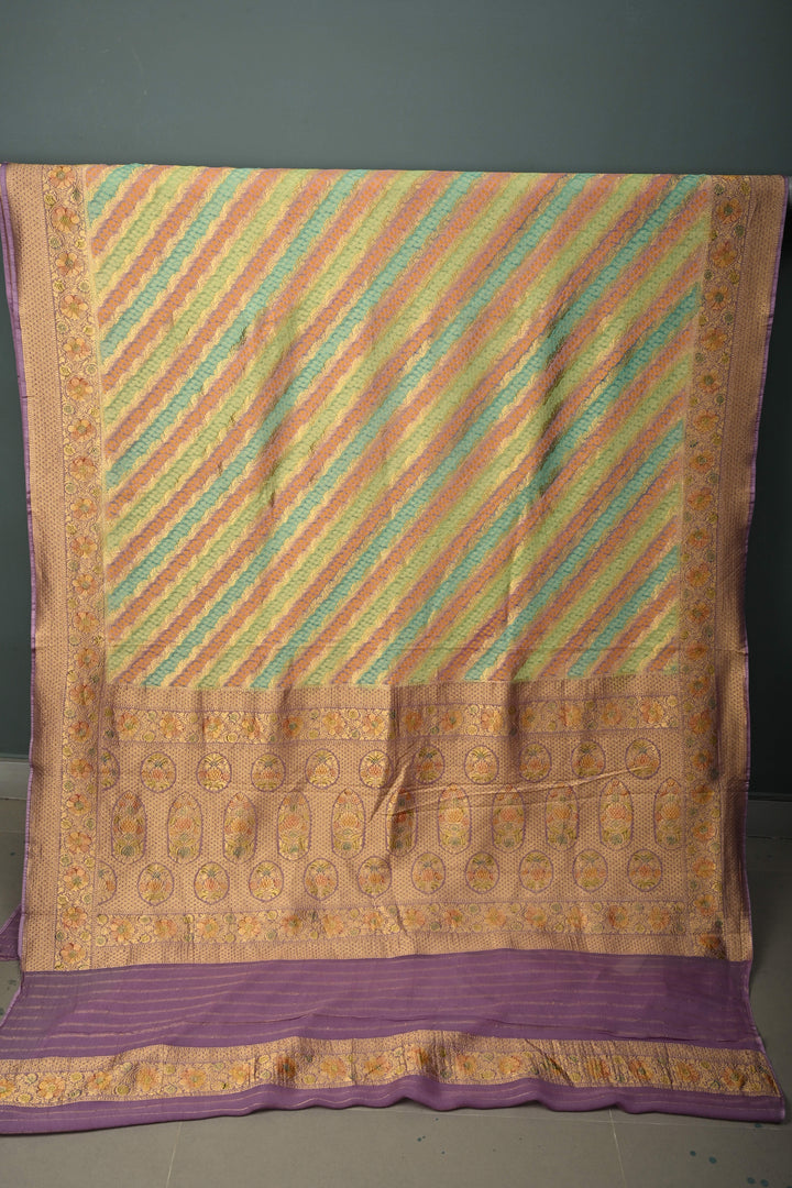 Multicolor Diagonal Pattern Zari Detailing on Vegan Viscose Georgette Saree with Rangkaat Style Brush Dye and Borders | SHOBITAM