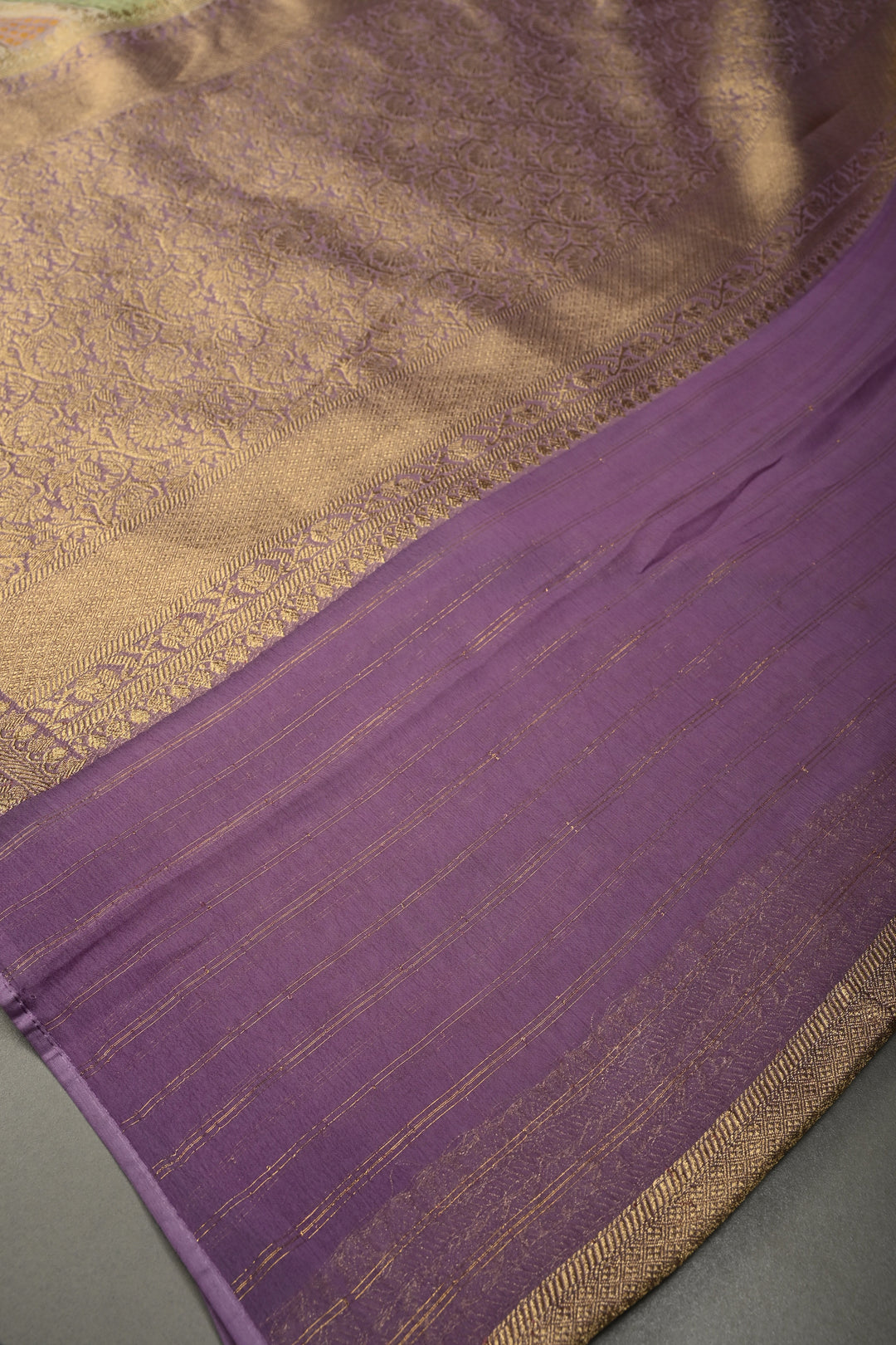 Multicolor Diagonal Pattern Zari Detailing on Vegan Viscose Georgette Saree with Rangkaat Style Brush Dye and Borders | SHOBITAM