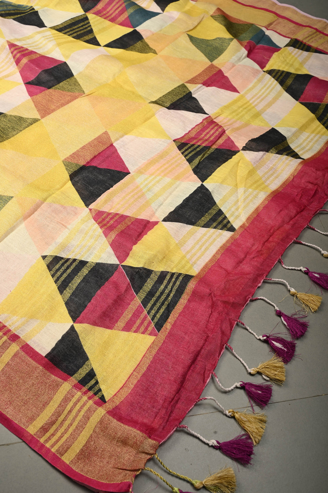 Multicolor Geometric Digital Print Linen Saree with Zari BorderI SHOBITAM