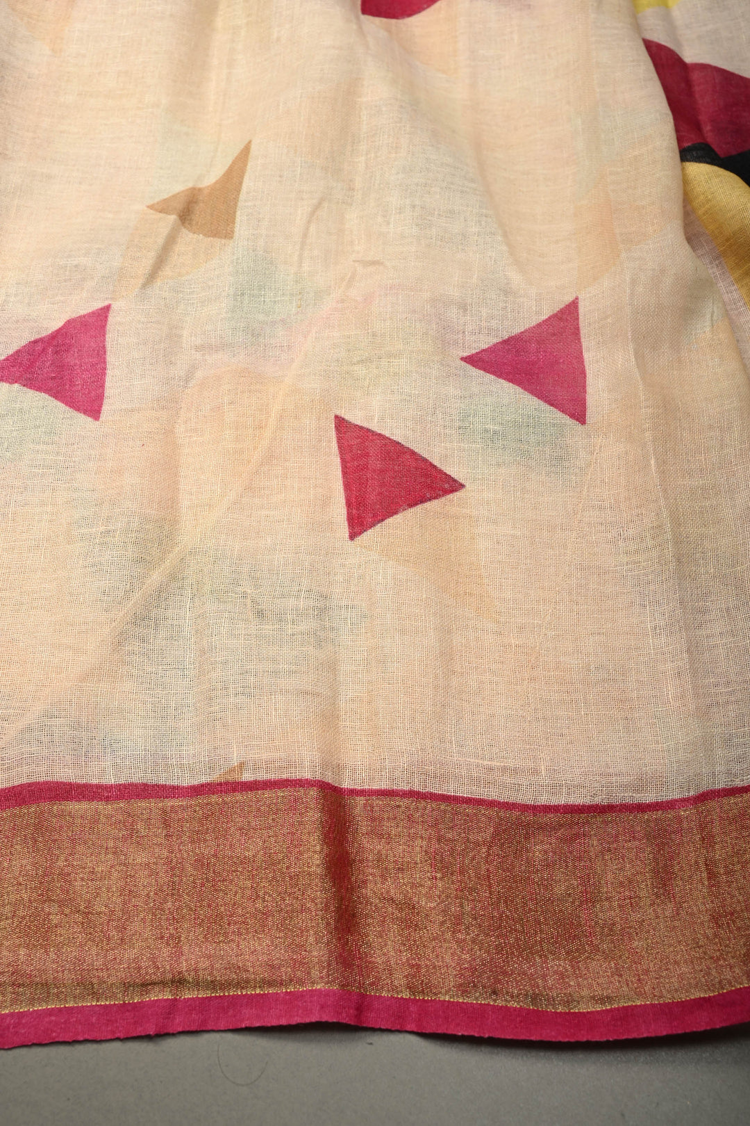 Multicolor Geometric Digital Print Linen Saree with Zari BorderI SHOBITAM
