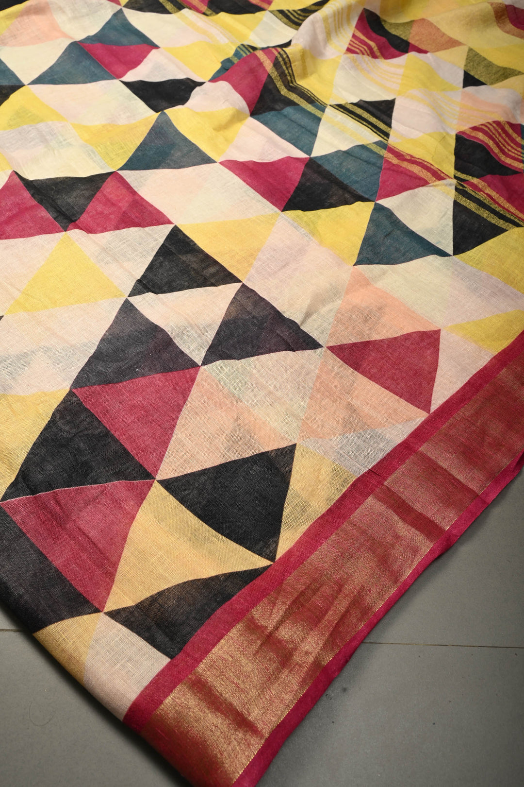 Multicolor Geometric Digital Print Linen Saree with Zari BorderI SHOBITAM