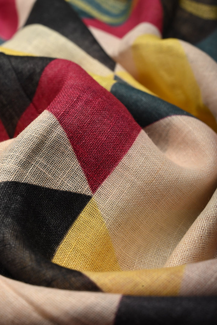 Multicolor Geometric Digital Print Linen Saree with Zari BorderI SHOBITAM