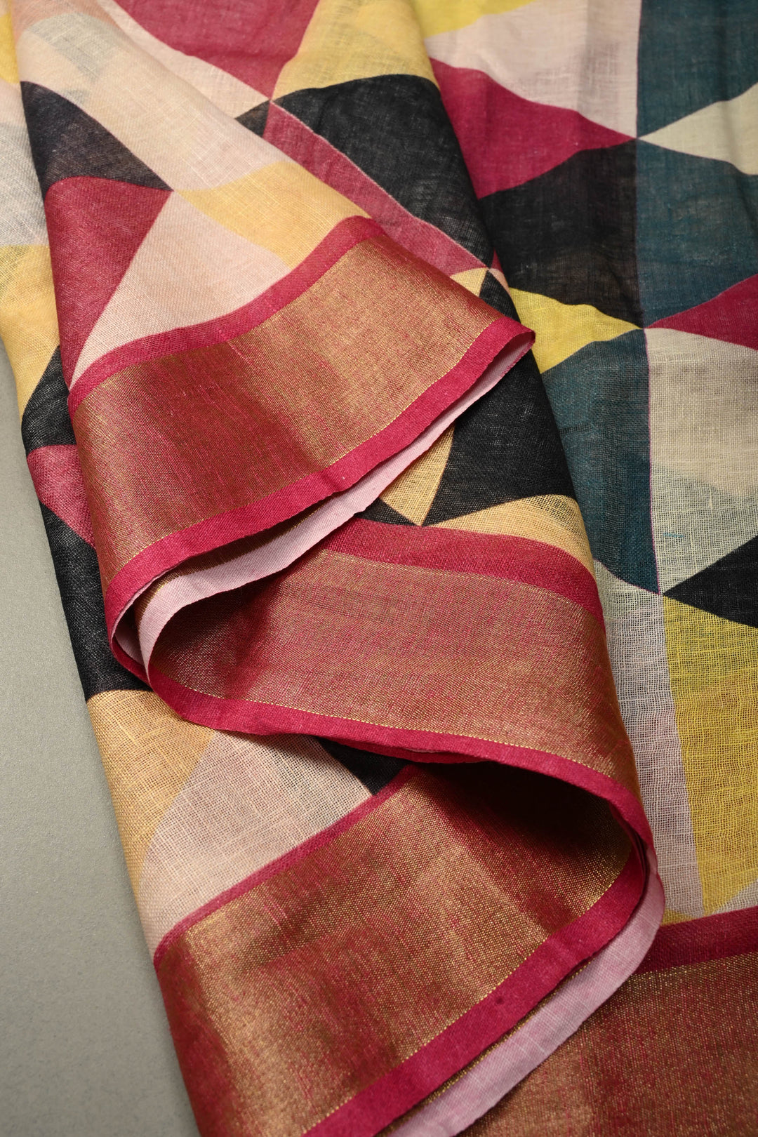 Multicolor Geometric Digital Print Linen Saree with Zari BorderI SHOBITAM