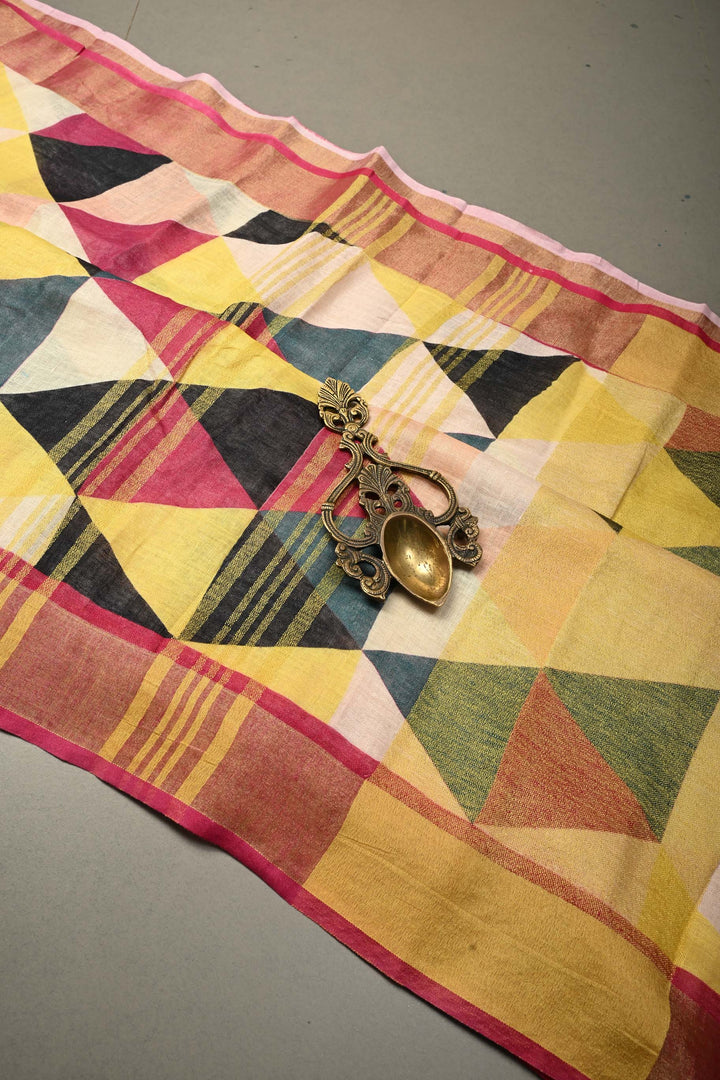 Multicolor Geometric Digital Print Linen Saree with Zari BorderI SHOBITAM