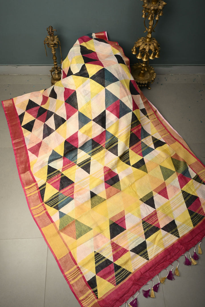 Multicolor Geometric Digital Print Linen Saree with Zari BorderI SHOBITAM