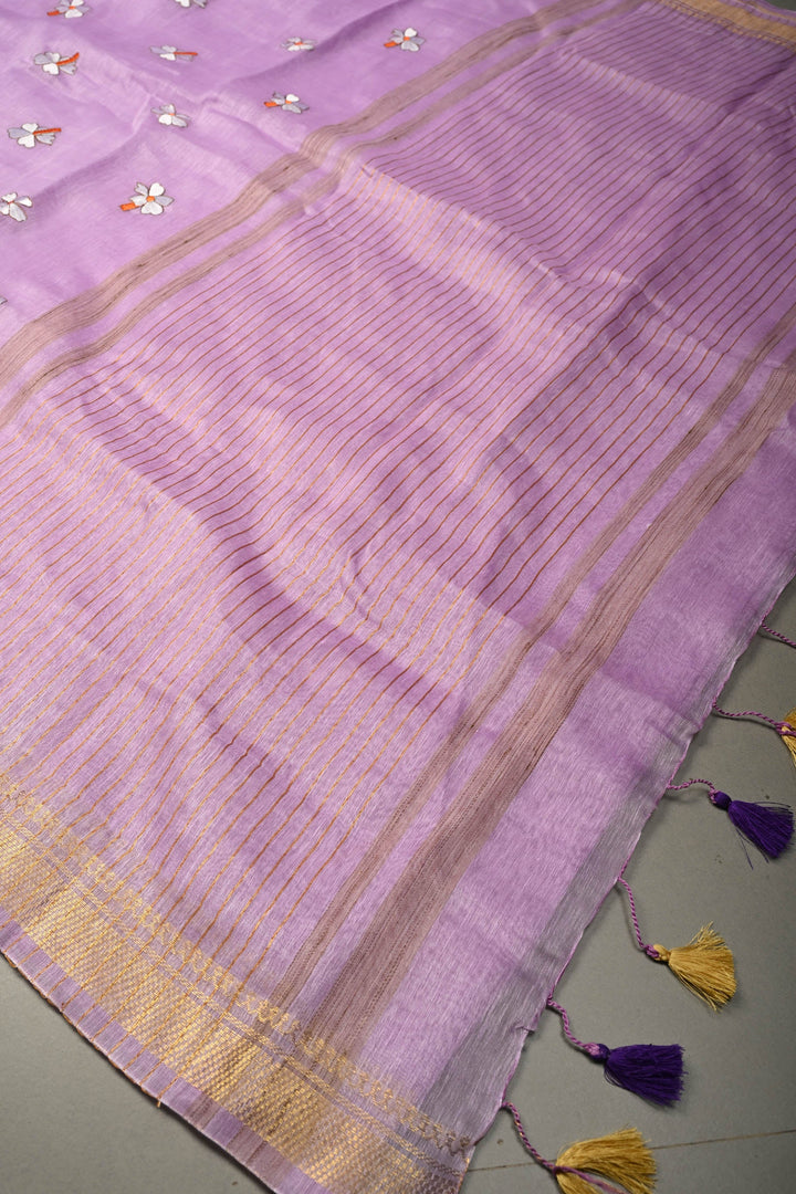 Lavender Tone silk linen saree with white Parijaat Floral embroidery and Zari Border | SHOBITAM