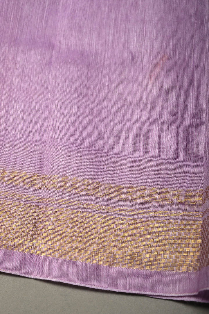 Lavender Tone silk linen saree with white Parijaat Floral embroidery and Zari Border | SHOBITAM