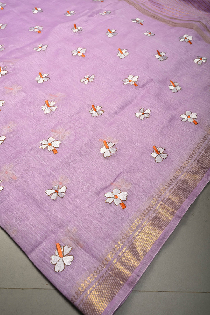 Lavender Tone silk linen saree with white Parijaat Floral embroidery and Zari Border | SHOBITAM