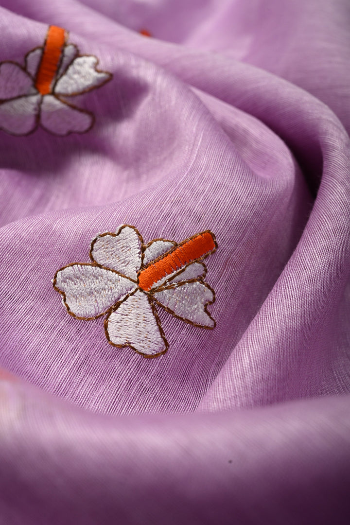 Lavender Tone silk linen saree with white Parijaat Floral embroidery and Zari Border | SHOBITAM