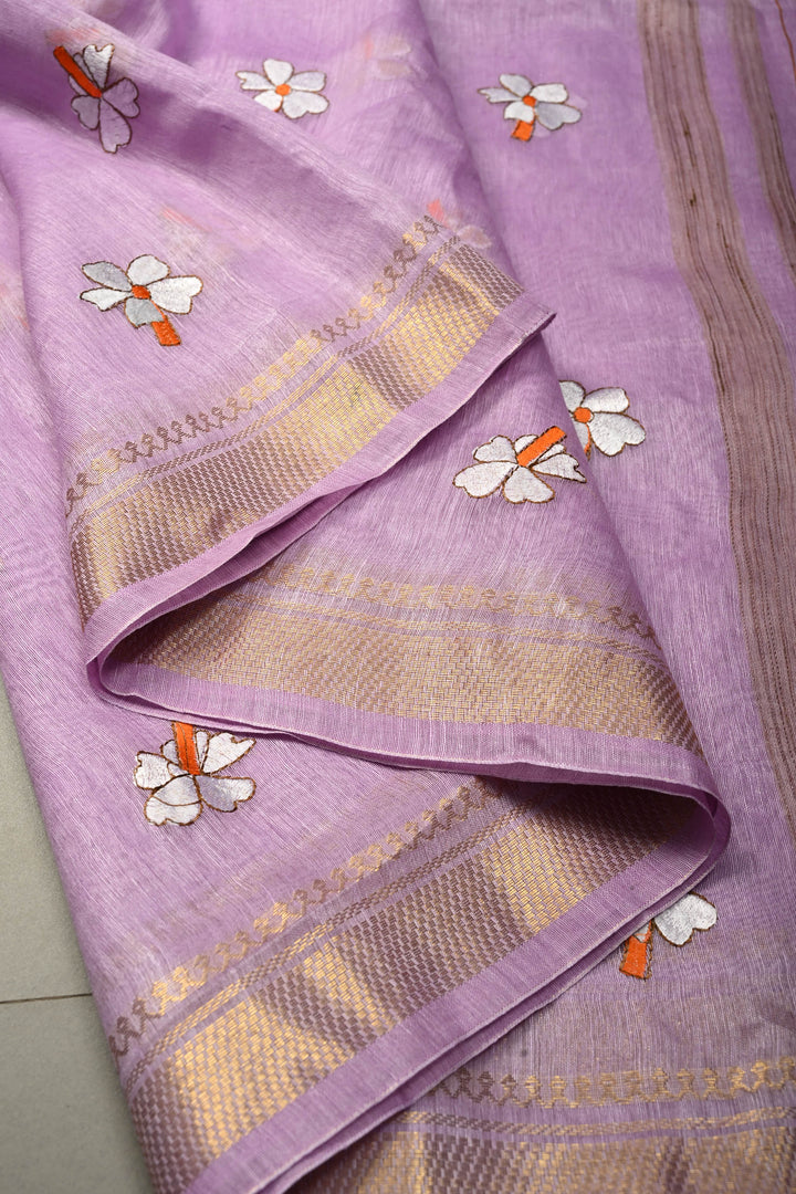 Lavender Tone silk linen saree with white Parijaat Floral embroidery and Zari Border | SHOBITAM
